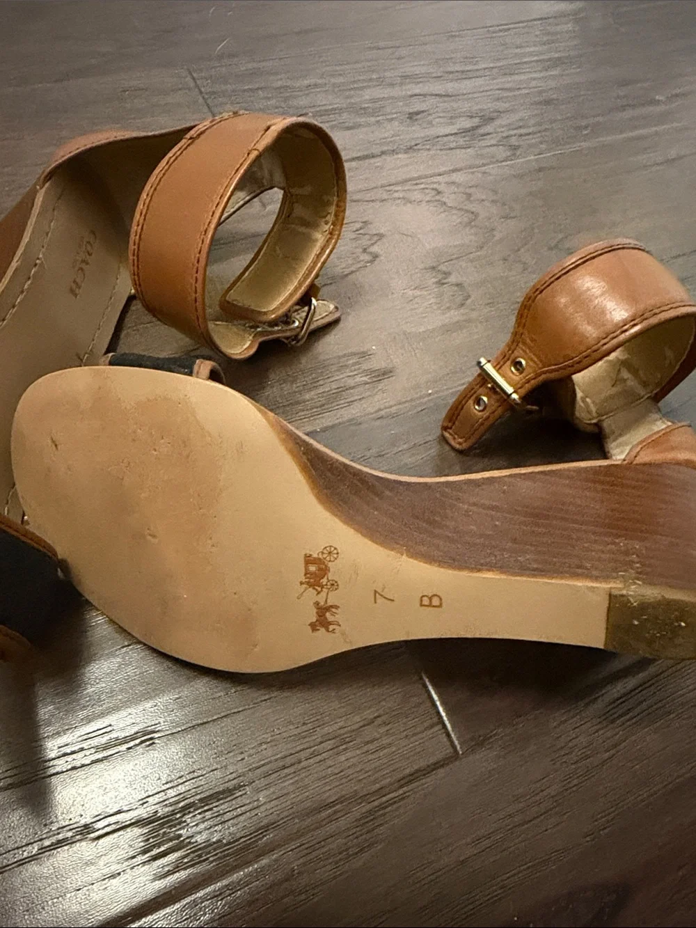 Coach Tan Leather & Navy Strap Wedge Sandals